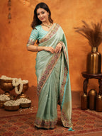 Aqua Green Banarasi Silk Embroidered Saree with Floral Border & Zari Weaving | Heavy Embroidered Blouse with Tassels | Wedding & Festive Wear Saree