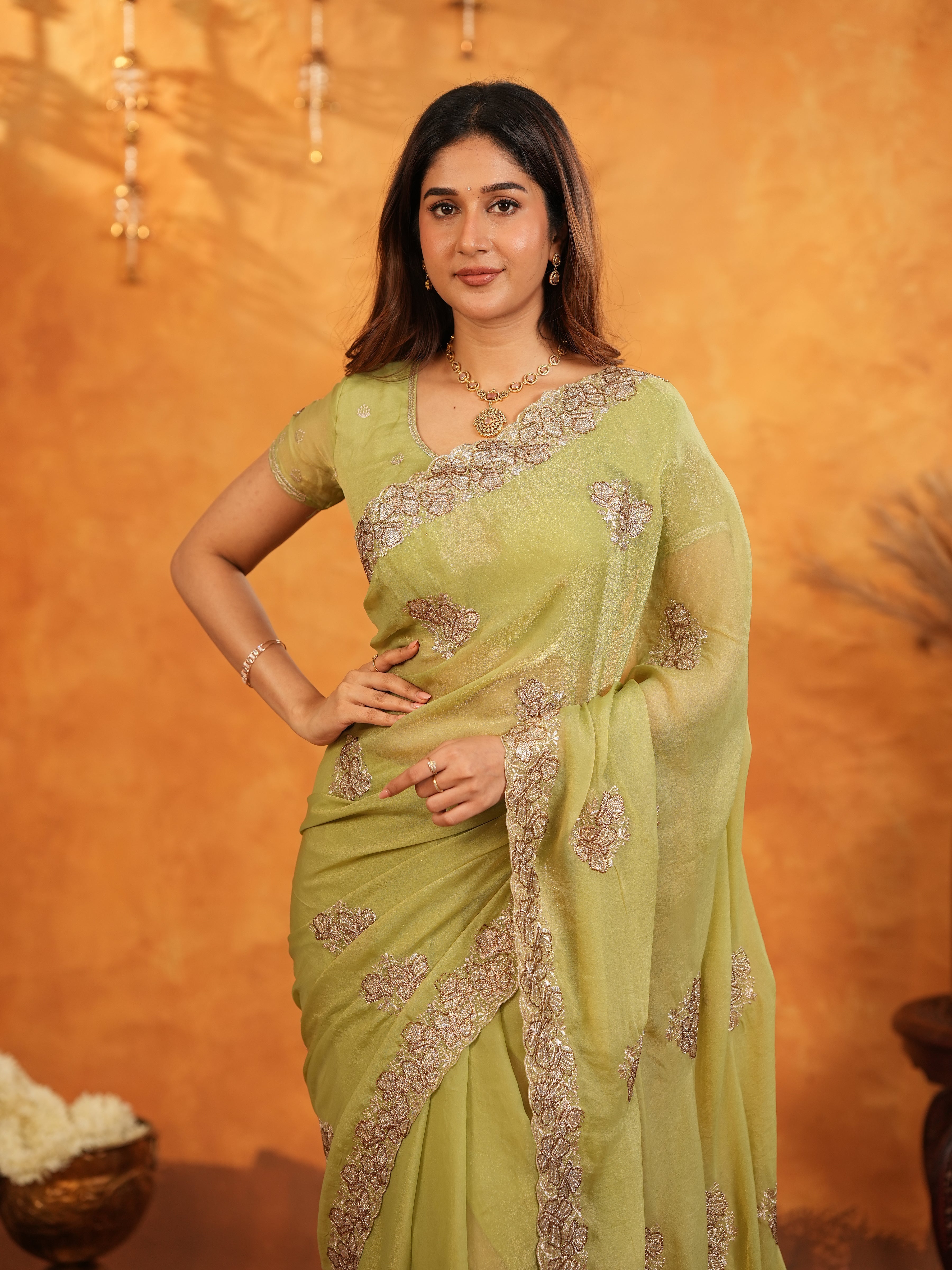 Pista Green Fendy Satin Embroidered Saree with Floral Border & Tassels | Elegant Pastel Designer Saree with Heavy Embroidered Blouse