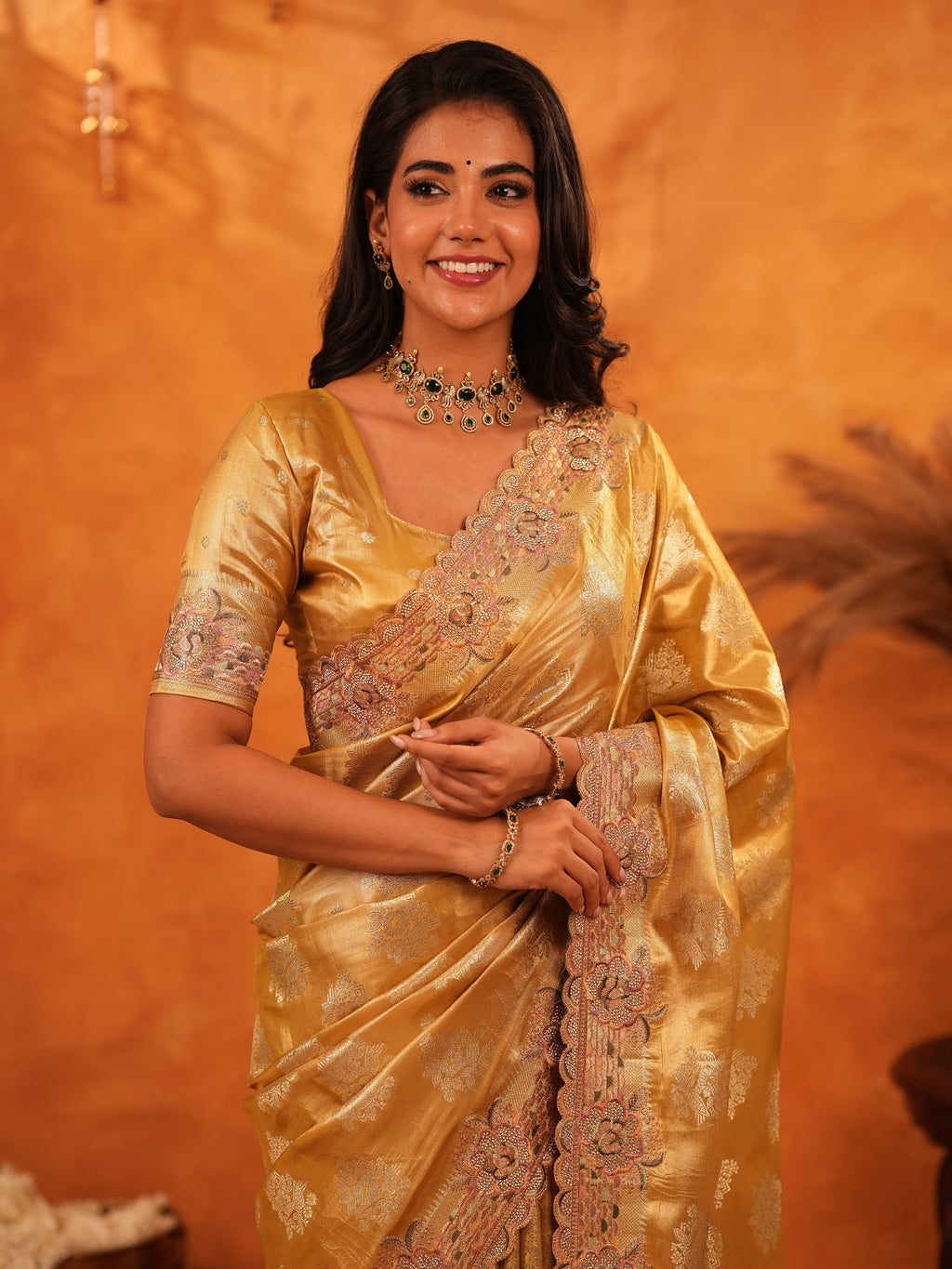 Mustard Gold Banarasi Silk Saree with Floral Zari Butti & Scalloped Embroidered Border | Premium Festive & Wedding Wear Designer Saree