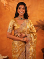 Mustard Gold Banarasi Silk Saree with Floral Zari Butti & Scalloped Embroidered Border | Premium Festive & Wedding Wear Designer Saree