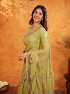 Pista Green Fendy Satin Embroidered Saree with Floral Border & Tassels | Elegant Pastel Designer Saree with Heavy Embroidered Blouse