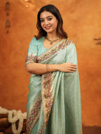 Aqua Green Banarasi Silk Embroidered Saree with Floral Border & Zari Weaving | Heavy Embroidered Blouse with Tassels | Wedding & Festive Wear Saree