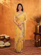 Sunshine Yellow Fendy Satin Embroidered Saree with Floral Border & Tassels | Elegant Festive Designer Saree with Heavy Embroidered Blouse