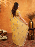 Sunshine Yellow Fendy Satin Embroidered Saree with Floral Border & Tassels | Elegant Festive Designer Saree with Heavy Embroidered Blouse