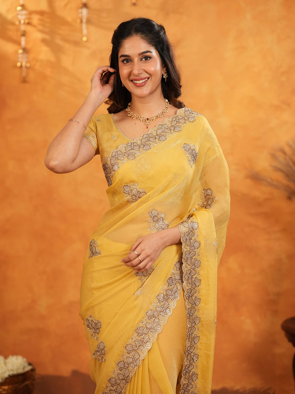 Sunshine Yellow Fendy Satin Embroidered Saree with Floral Border & Tassels | Elegant Festive Designer Saree with Heavy Embroidered Blouse