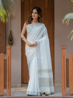 Pure White & Olive Green Handloom Cotton Saree with Minimal Striped Border & Tassel Detailing