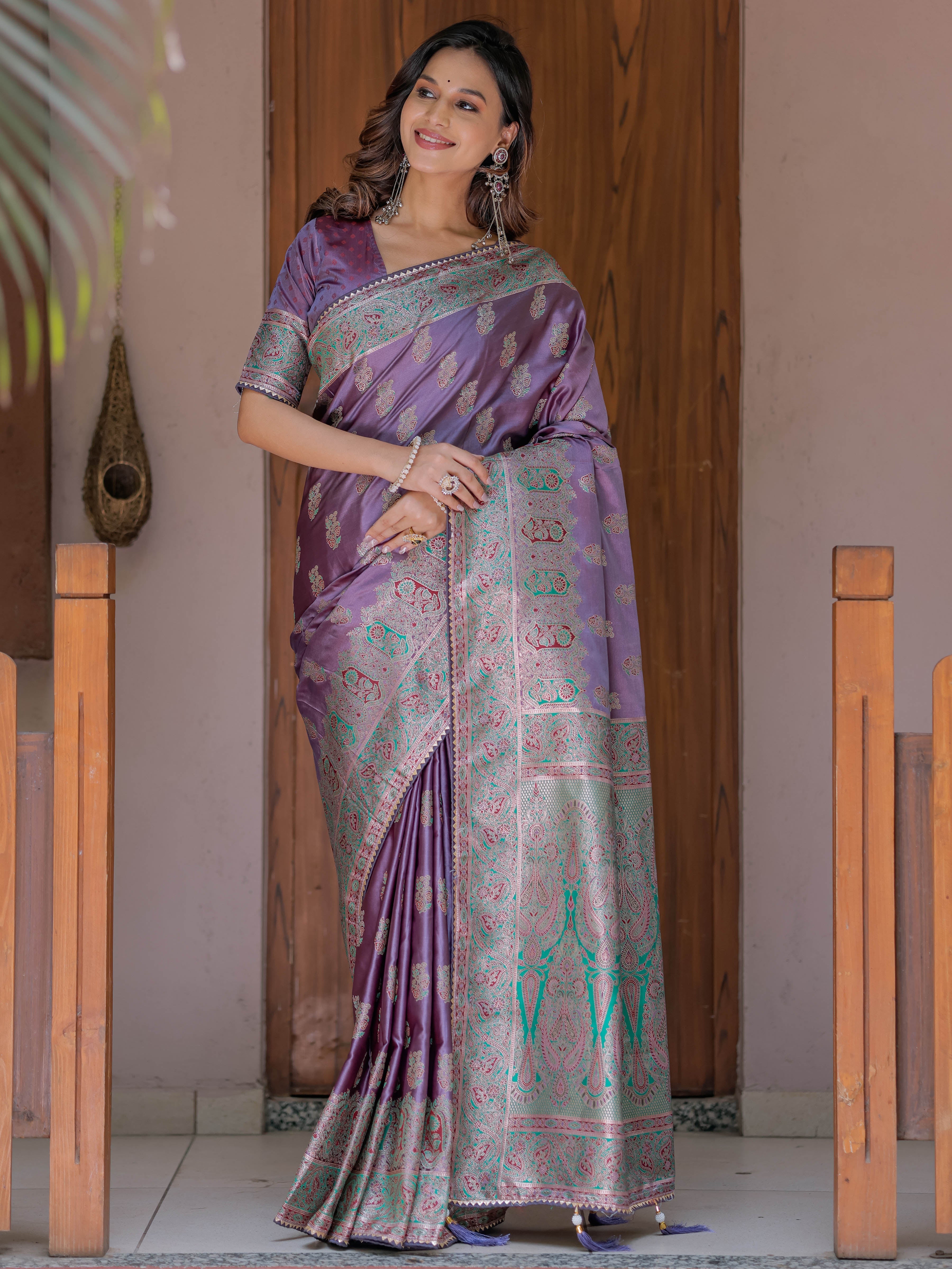 Royal Lavender Purple Banarasi Silk Saree with Intricate Paisley Zari Weaving & Tassel Detailing