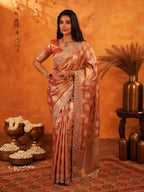 Rose Gold Banarasi Silk Saree with Floral Zari Butti & Scalloped Embroidered Border | Premium Wedding & Festive Wear Designer Saree