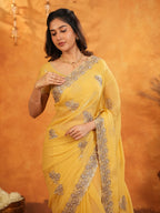 Sunshine Yellow Fendy Satin Embroidered Saree with Floral Border & Tassels | Elegant Festive Designer Saree with Heavy Embroidered Blouse