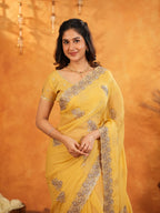 Sunshine Yellow Fendy Satin Embroidered Saree with Floral Border & Tassels | Elegant Festive Designer Saree with Heavy Embroidered Blouse