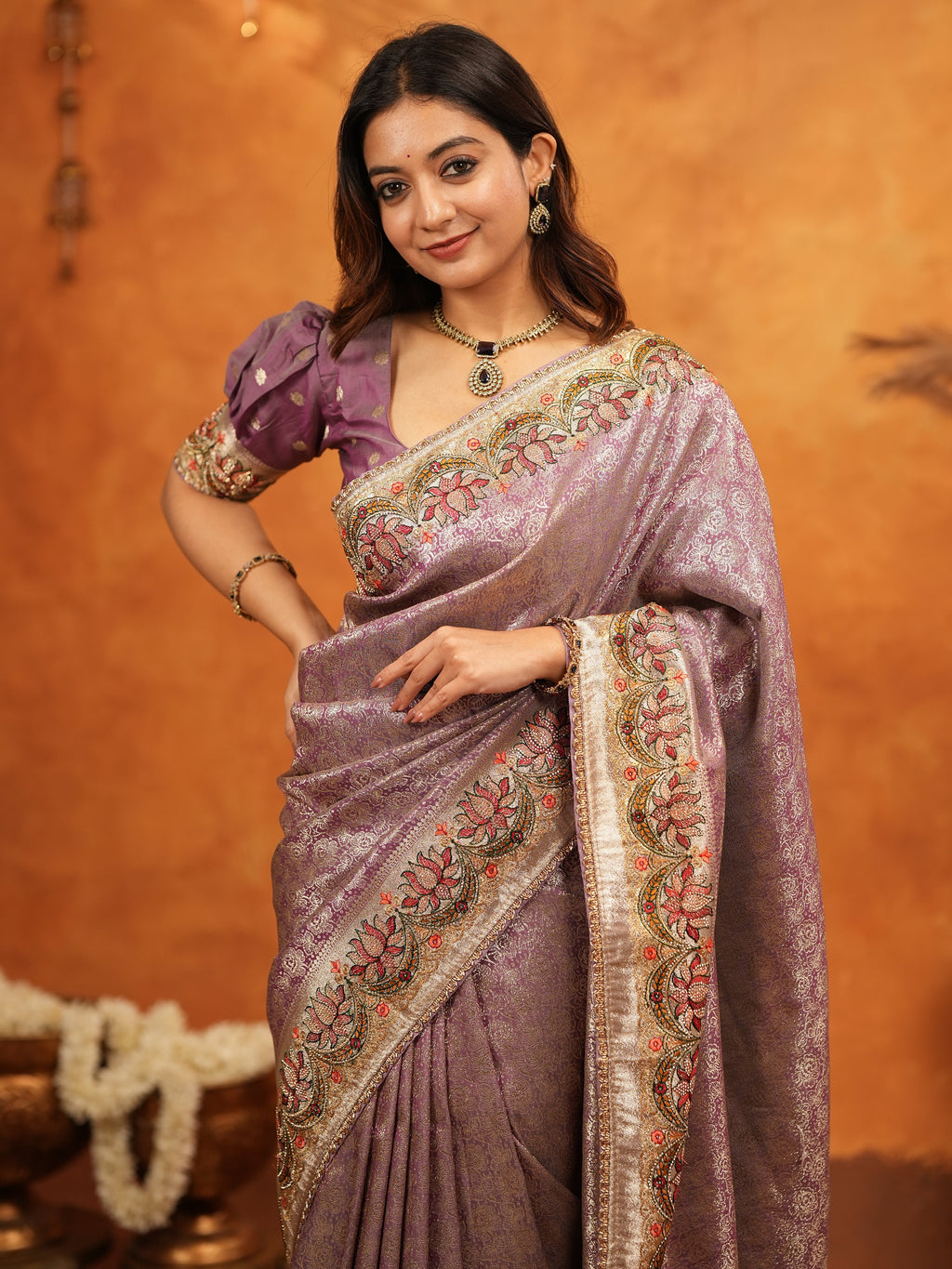 Lavender Purple Banarasi Silk Embroidered Saree with Floral Border & Zari Weaving | Heavy Embroidered Blouse with Tassels | Wedding & Festive Wear Saree
