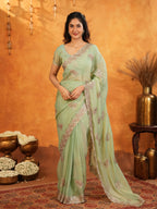 Mint Green Fendy Satin Embroidered Saree with Elegant Floral Work & Tassels | Soft Pastel Designer Saree with Heavy Embroidered Blouse