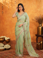 Mint Green Fendy Satin Embroidered Saree with Elegant Floral Work & Tassels | Soft Pastel Designer Saree with Heavy Embroidered Blouse