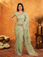 Mint Green Fendy Satin Embroidered Saree with Elegant Floral Work & Tassels | Soft Pastel Designer Saree with Heavy Embroidered Blouse