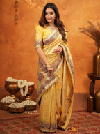 Mustard Yellow Banarasi Silk Embroidered Saree with Floral Border & Zari Weaving | Heavy Embroidered Blouse with Tassels | Wedding & Festive Wear Saree