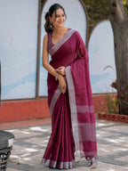 Elegant Wine Purple Pure Handloom Cotton Saree with Silver Border & Tassel Detailing