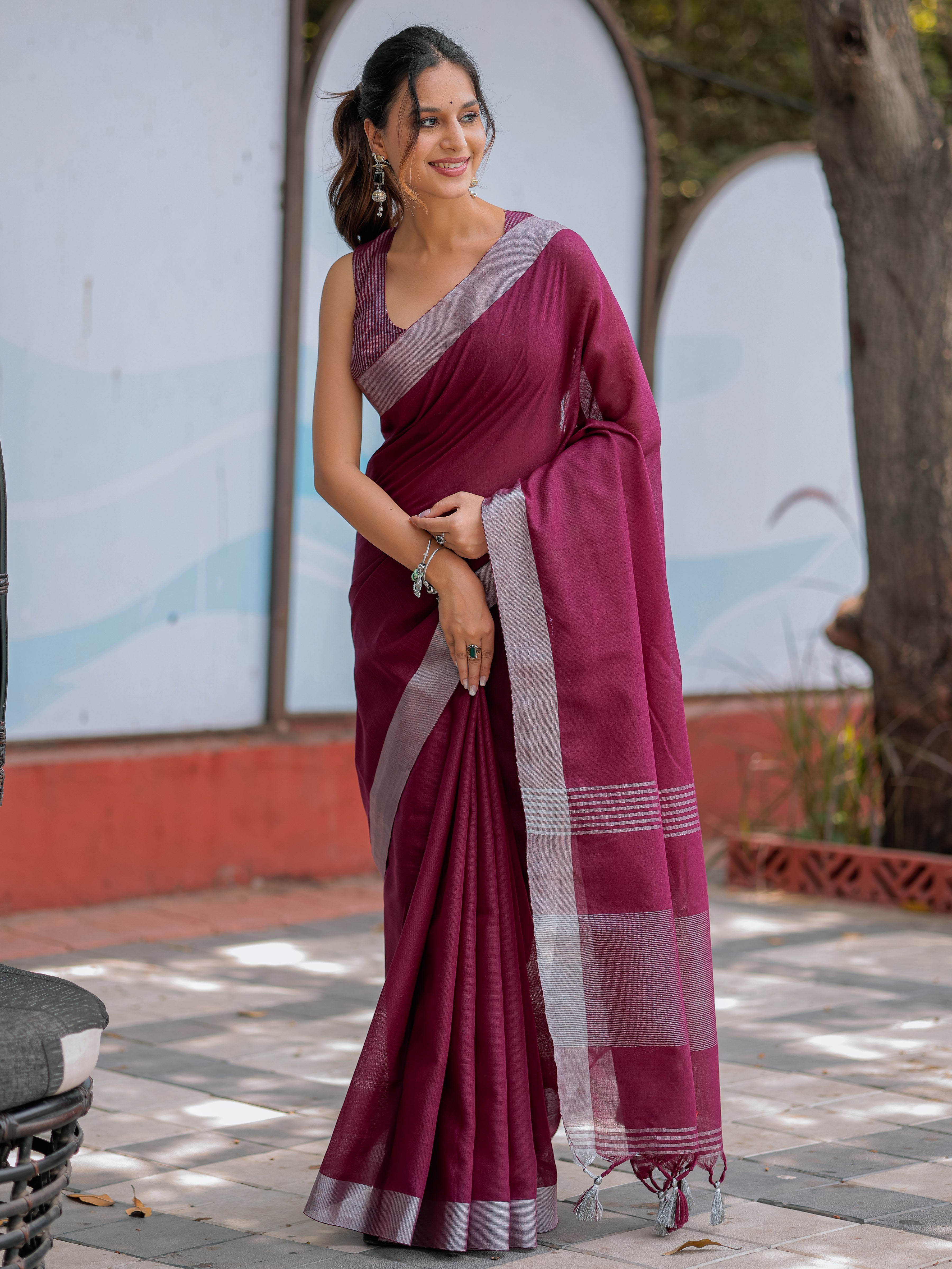 Elegant Wine Purple Pure Handloom Cotton Saree with Silver Border & Tassel Detailing