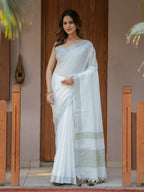 Pure White & Olive Green Handloom Cotton Saree with Minimal Striped Border & Tassel Detailing