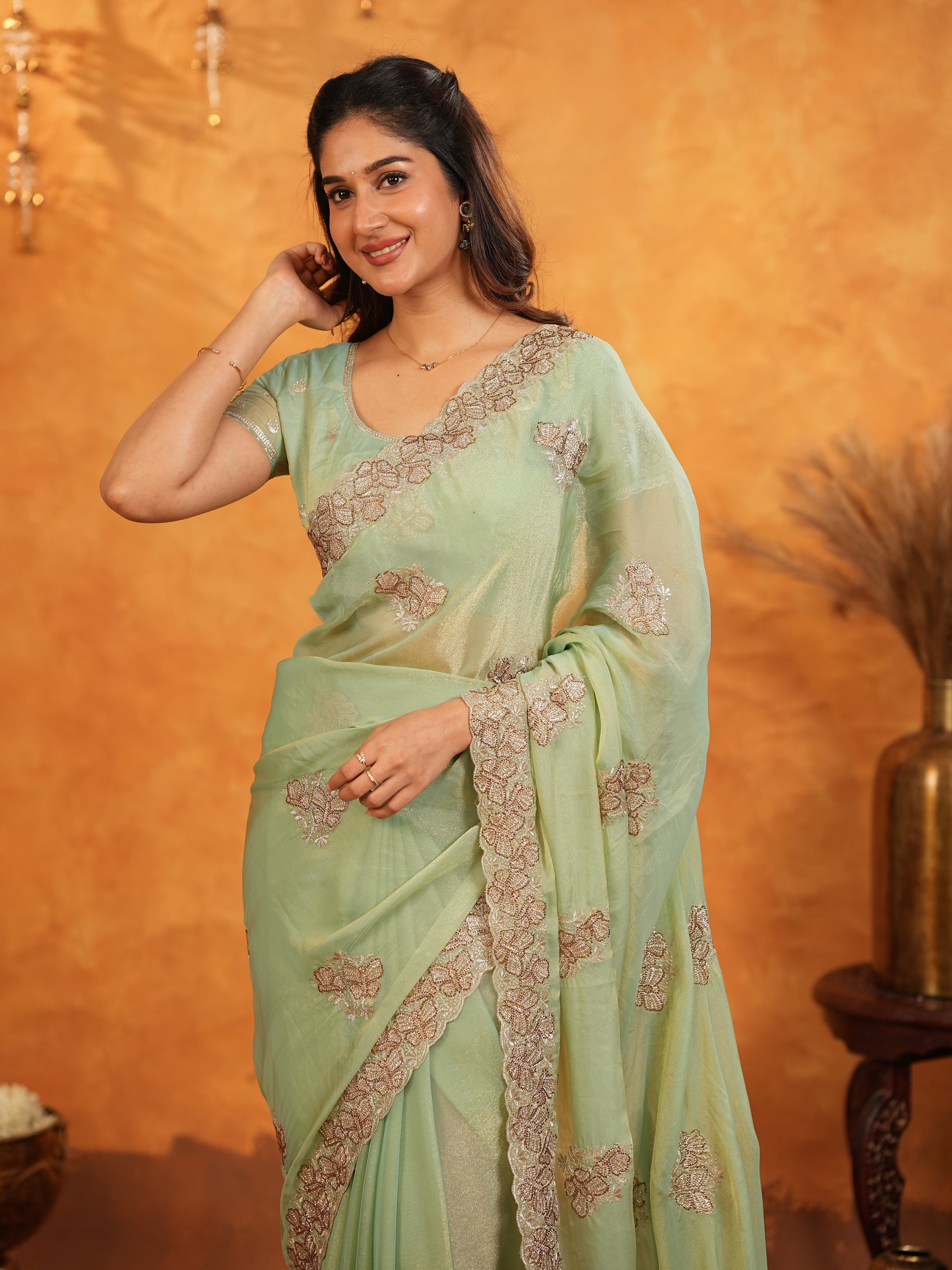 Mint Green Fendy Satin Embroidered Saree with Elegant Floral Work & Tassels | Soft Pastel Designer Saree with Heavy Embroidered Blouse