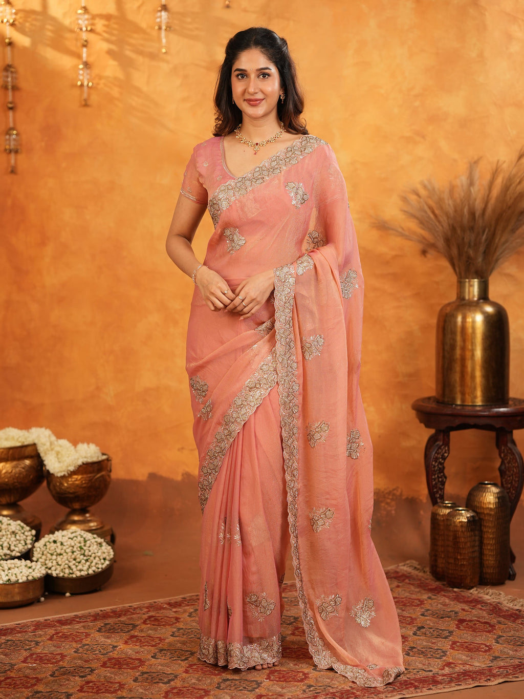 Peach Pink Fendy Satin Embroidered Saree with Rich Floral Border & Tassels | Elegant Pastel Designer Saree with Heavy Embroidered Blouse