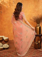 Peach Pink Fendy Satin Embroidered Saree with Rich Floral Border & Tassels | Elegant Pastel Designer Saree with Heavy Embroidered Blouse