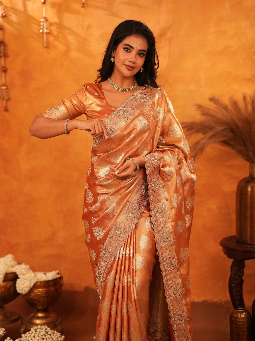 Rust Orange Banarasi Silk Saree with Floral Zari Butti & Scalloped Embroidered Border | Designer Wedding & Festive Wear Saree with Blouse