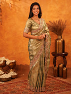 Olive Gold Banarasi Silk Saree with Floral Zari Butti & Scalloped Embroidered Border | Elegant Wedding & Festive Designer Saree