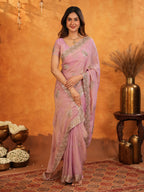 Pastel Baby Pink Fendy Satin Embroidered Saree with Rich Floral Border & Tassels | Elegant Designer Saree with Heavy Embroidered Blouse