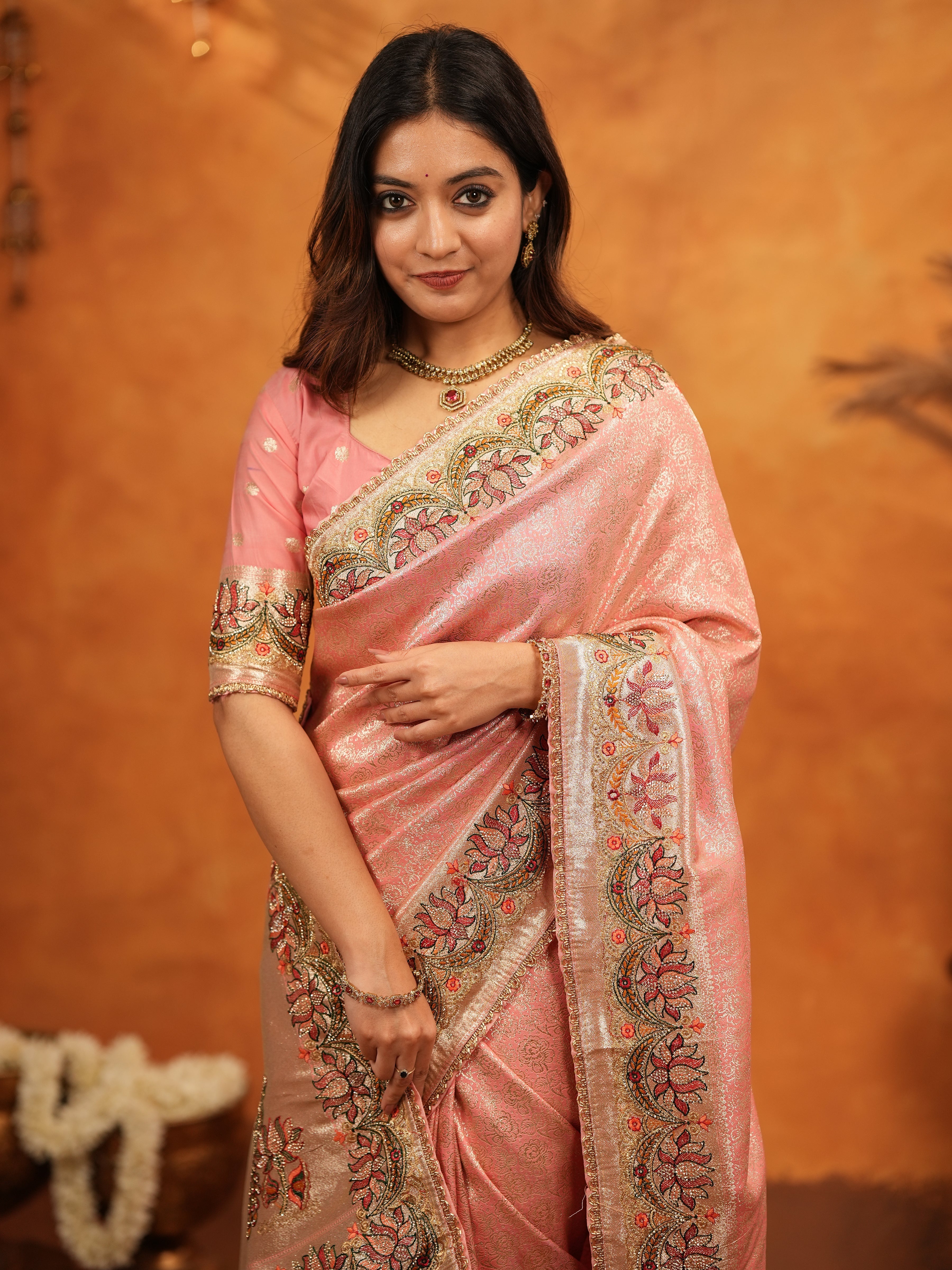 Peach Pink Banarasi Silk Embroidered Saree with Floral Border & Zari Weaving | Heavy Embroidered Blouse with Tassels | Wedding & Festive Wear Saree