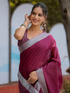 Elegant Wine Purple Pure Handloom Cotton Saree with Silver Border & Tassel Detailing