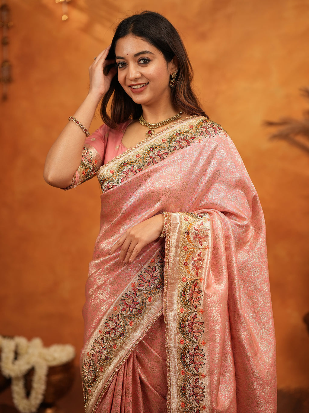 Peach Pink Banarasi Silk Embroidered Saree with Floral Border & Zari Weaving | Heavy Embroidered Blouse with Tassels | Wedding & Festive Wear Saree