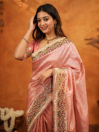 Peach Pink Banarasi Silk Embroidered Saree with Floral Border & Zari Weaving | Heavy Embroidered Blouse with Tassels | Wedding & Festive Wear Saree