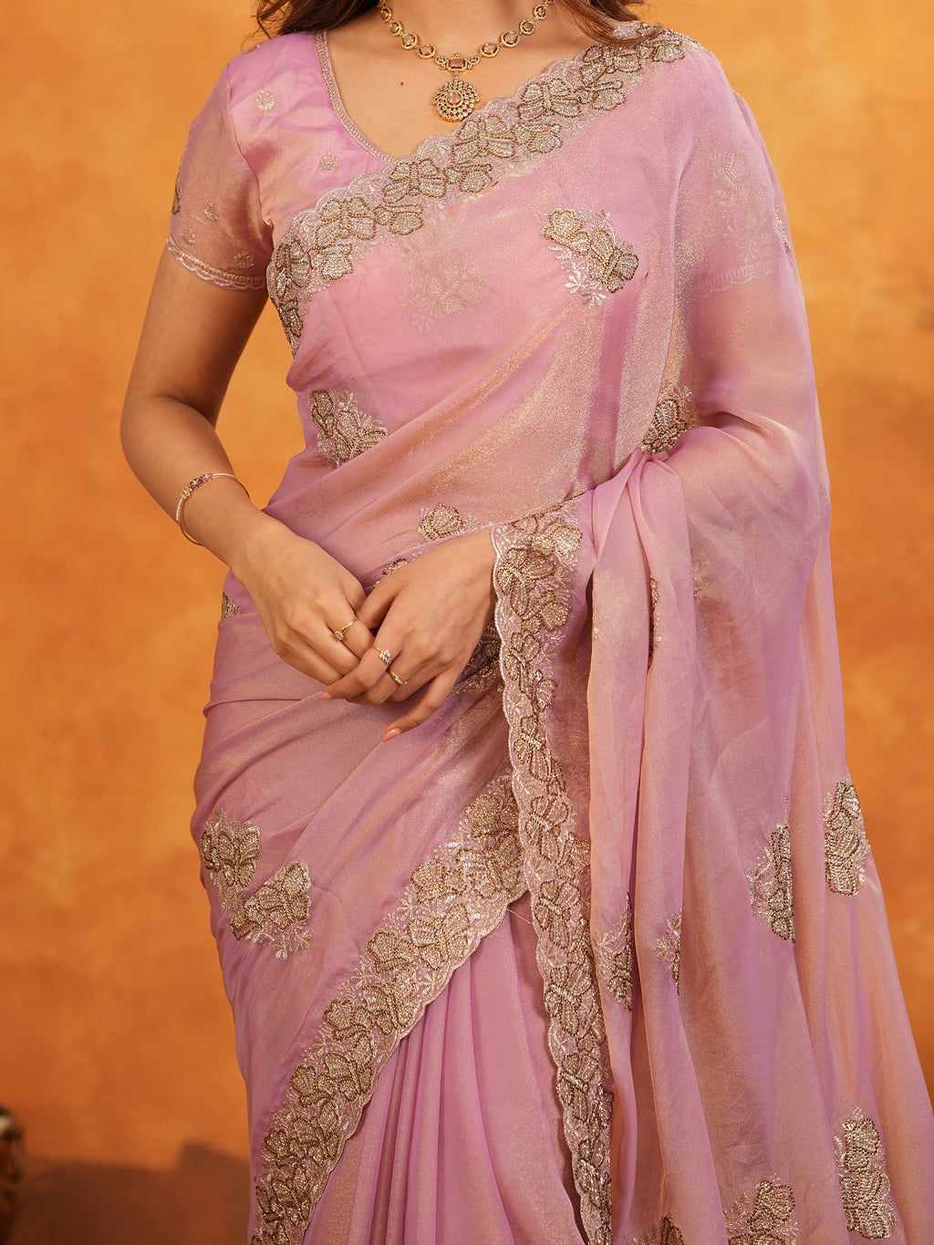 Pastel Baby Pink Fendy Satin Embroidered Saree with Rich Floral Border & Tassels | Elegant Designer Saree with Heavy Embroidered Blouse