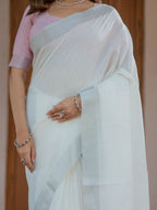 Pure White & Blush Pink Handloom Cotton Saree with Minimal Striped Border & Tassel Detailing