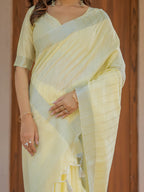 Sunshine Yellow Pure Handloom Cotton Saree with Subtle Striped Weaving & Tassel Detailing