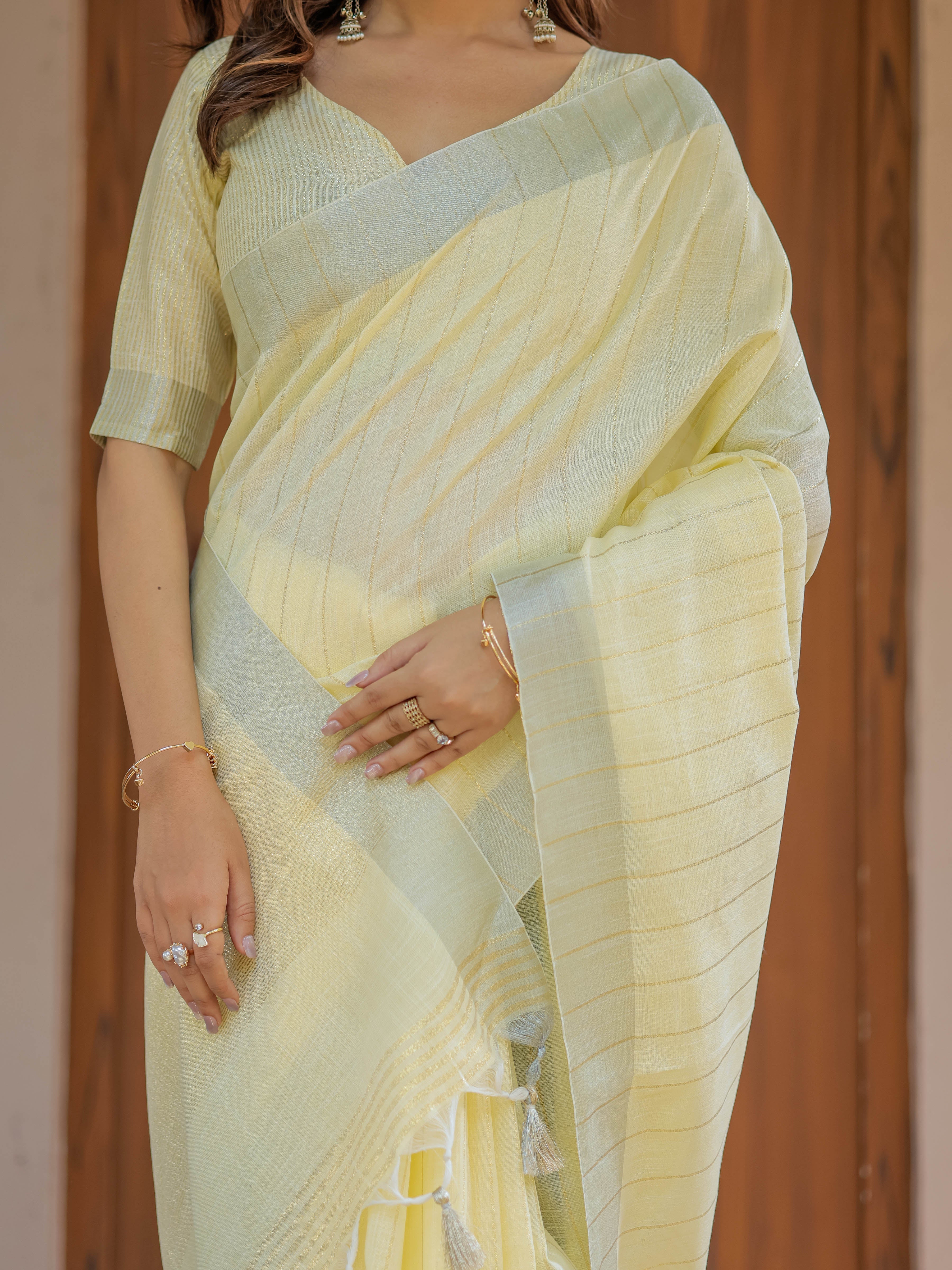 Sunshine Yellow Pure Handloom Cotton Saree with Subtle Striped Weaving & Tassel Detailing