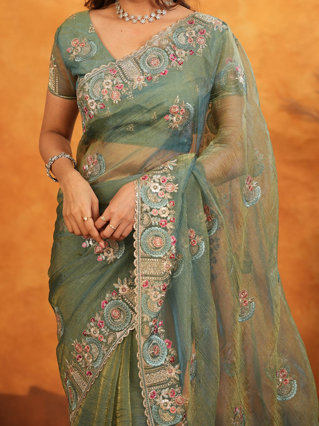 Teal Green Fendy Satin Embroidered Saree with Multicolor Floral Border & Tassels | Premium Designer Saree with Heavy Embroidered Blouse
