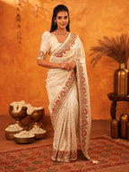 Elegant Cream Beige Banarasi Silk Saree with Multicolor Peacock Floral Embroidered Border & Zari Weaving | Premium Festive Wedding Wear Saree
