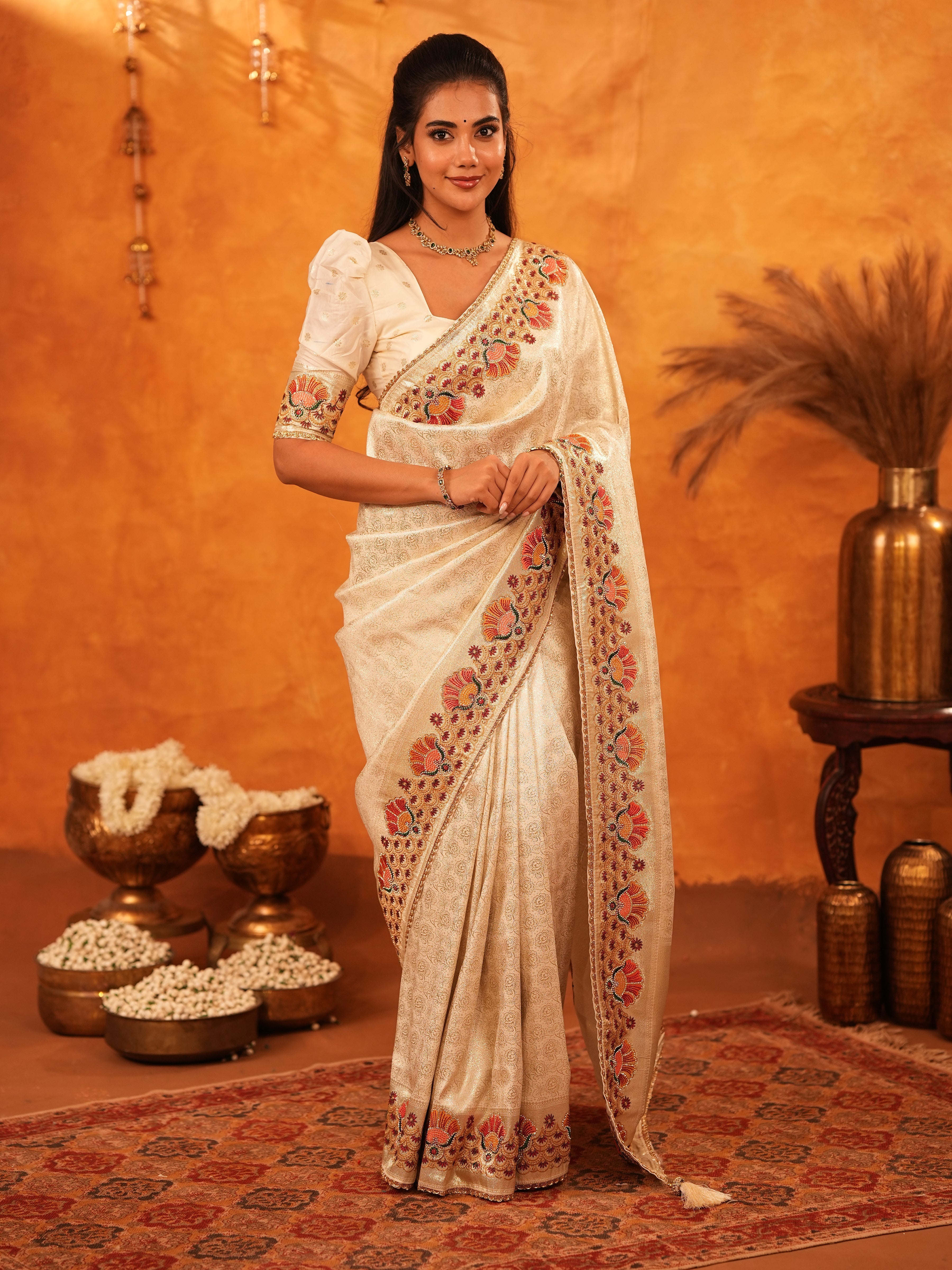 Elegant Cream Beige Banarasi Silk Saree with Multicolor Peacock Floral Embroidered Border & Zari Weaving | Premium Festive Wedding Wear Saree