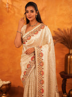 Elegant Cream Beige Banarasi Silk Saree with Multicolor Peacock Floral Embroidered Border & Zari Weaving | Premium Festive Wedding Wear Saree