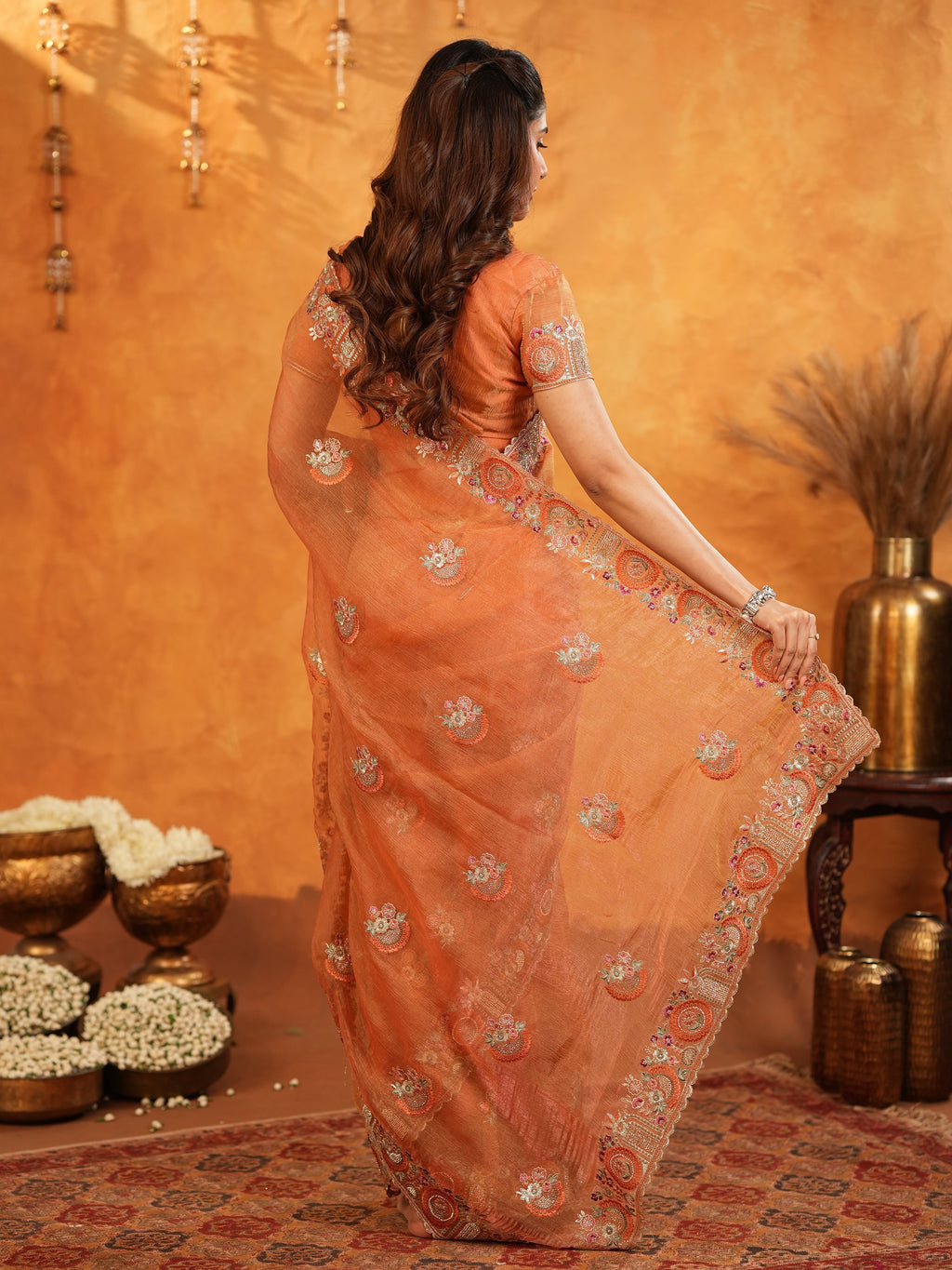 Burnt Orange Fendy Satin Embroidered Saree with Intricate Floral Border & Tassels | Premium Designer Saree with Heavy Embroidered Blouse