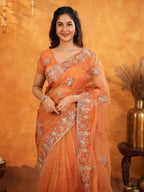 Burnt Orange Fendy Satin Embroidered Saree with Intricate Floral Border & Tassels | Premium Designer Saree with Heavy Embroidered Blouse