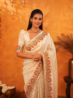 Elegant Cream Beige Banarasi Silk Saree with Multicolor Peacock Floral Embroidered Border & Zari Weaving | Premium Festive Wedding Wear Saree
