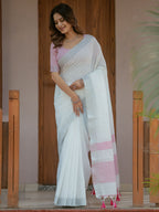 Pure White & Blush Pink Handloom Cotton Saree with Minimal Striped Border & Tassel Detailing