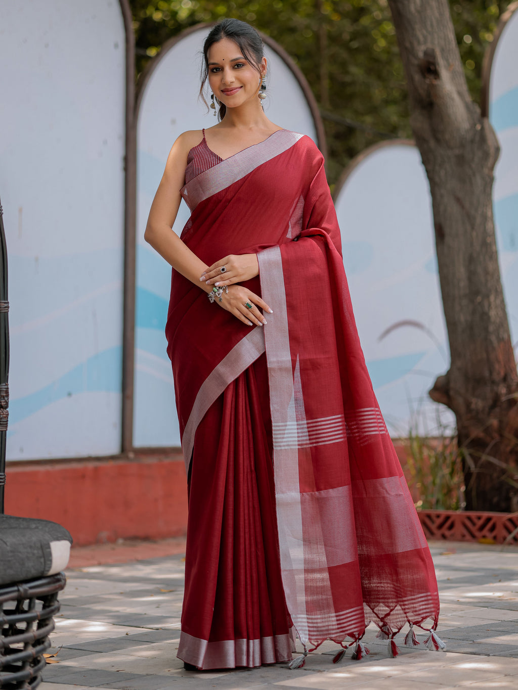Elegant Wine Red Pure Handloom Cotton Saree with Silver Border & Tassel Detailing