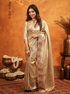 Champagne Gold Banarasi Silk Embroidered Saree with Paisley Border & Zari Weaving | Heavy Embroidered Blouse with Tassels | Wedding & Festive Wear Saree