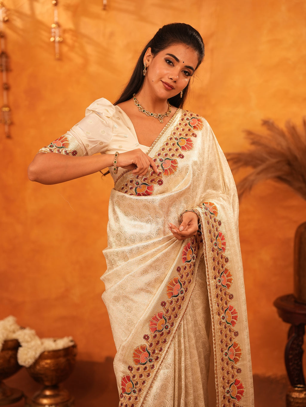 Elegant Cream Beige Banarasi Silk Saree with Multicolor Peacock Floral Embroidered Border & Zari Weaving | Premium Festive Wedding Wear Saree