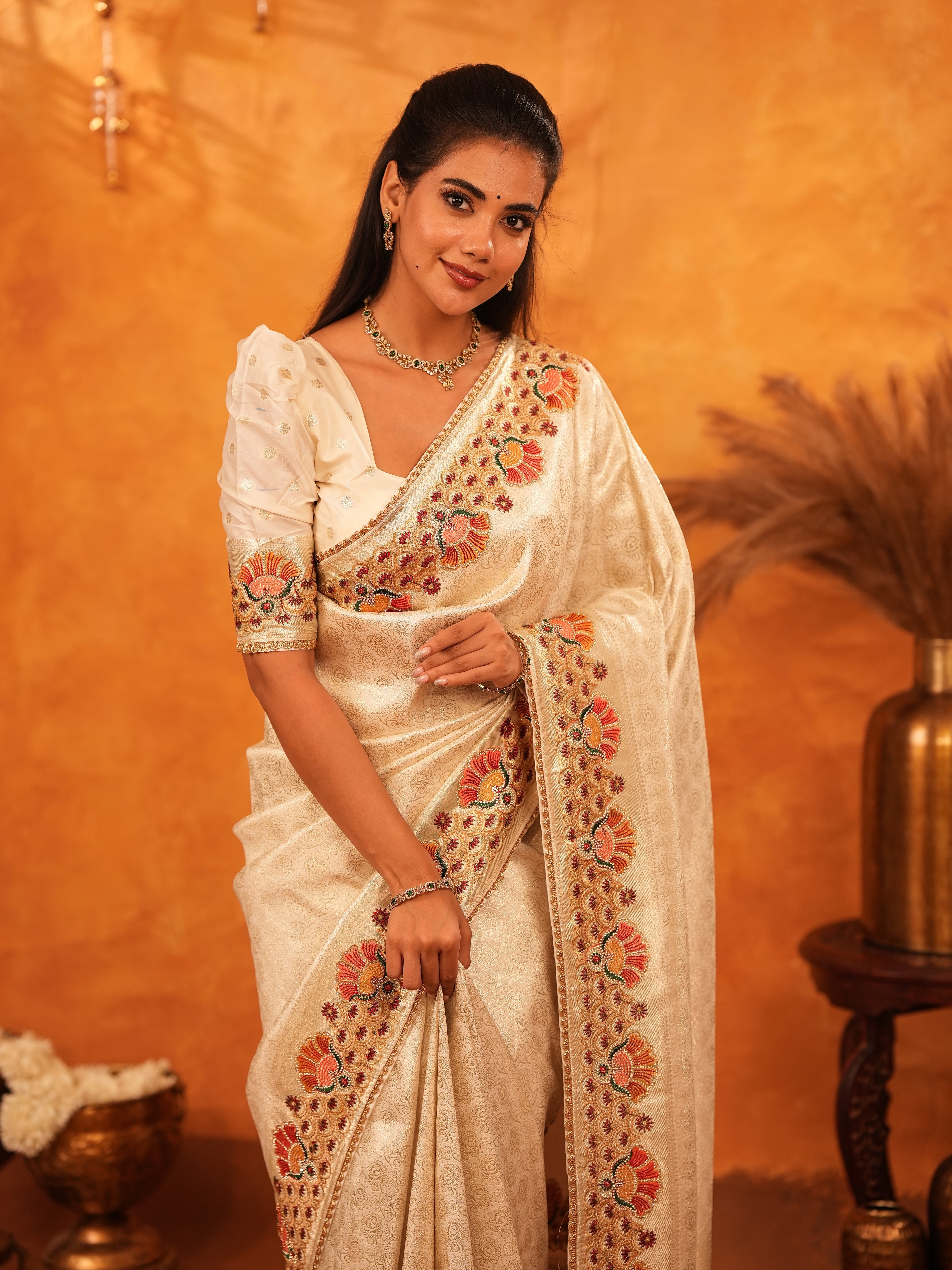 Elegant Cream Beige Banarasi Silk Saree with Multicolor Peacock Floral Embroidered Border & Zari Weaving | Premium Festive Wedding Wear Saree