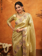 Olive Gold Banarasi Silk Embroidered Saree with Paisley Border & Zari Weaving | Heavy Embroidered Blouse with Tassels | Wedding & Festive Wear Saree