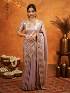 Mauve Pink Banarasi Silk Embroidered Saree with Paisley Border & Zari Weaving | Heavy Embroidered Blouse with Tassels | Wedding & Festive Wear Saree